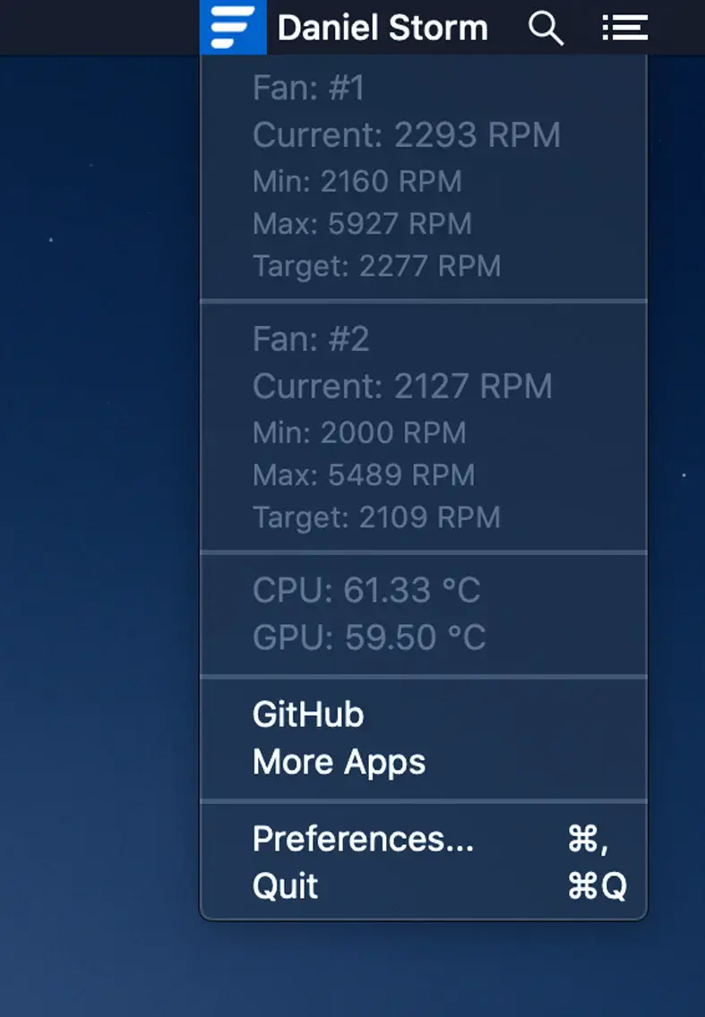 Fanny Widget showing fan speeds, CPU temperature, and GPU temperature in the macOS Menu Bar.