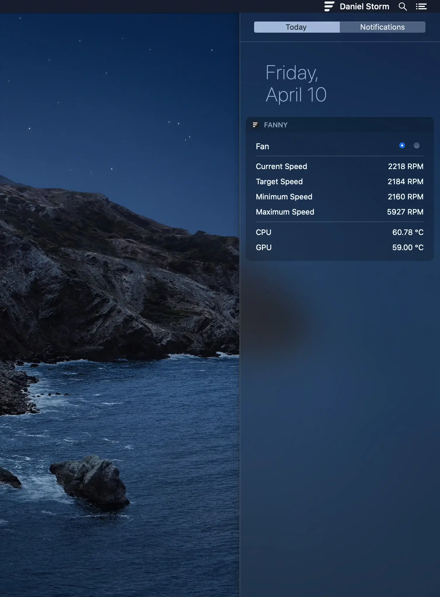 Fanny Widget showing fan speeds, CPU temperature, and GPU temperature in the macOS Notification Center.