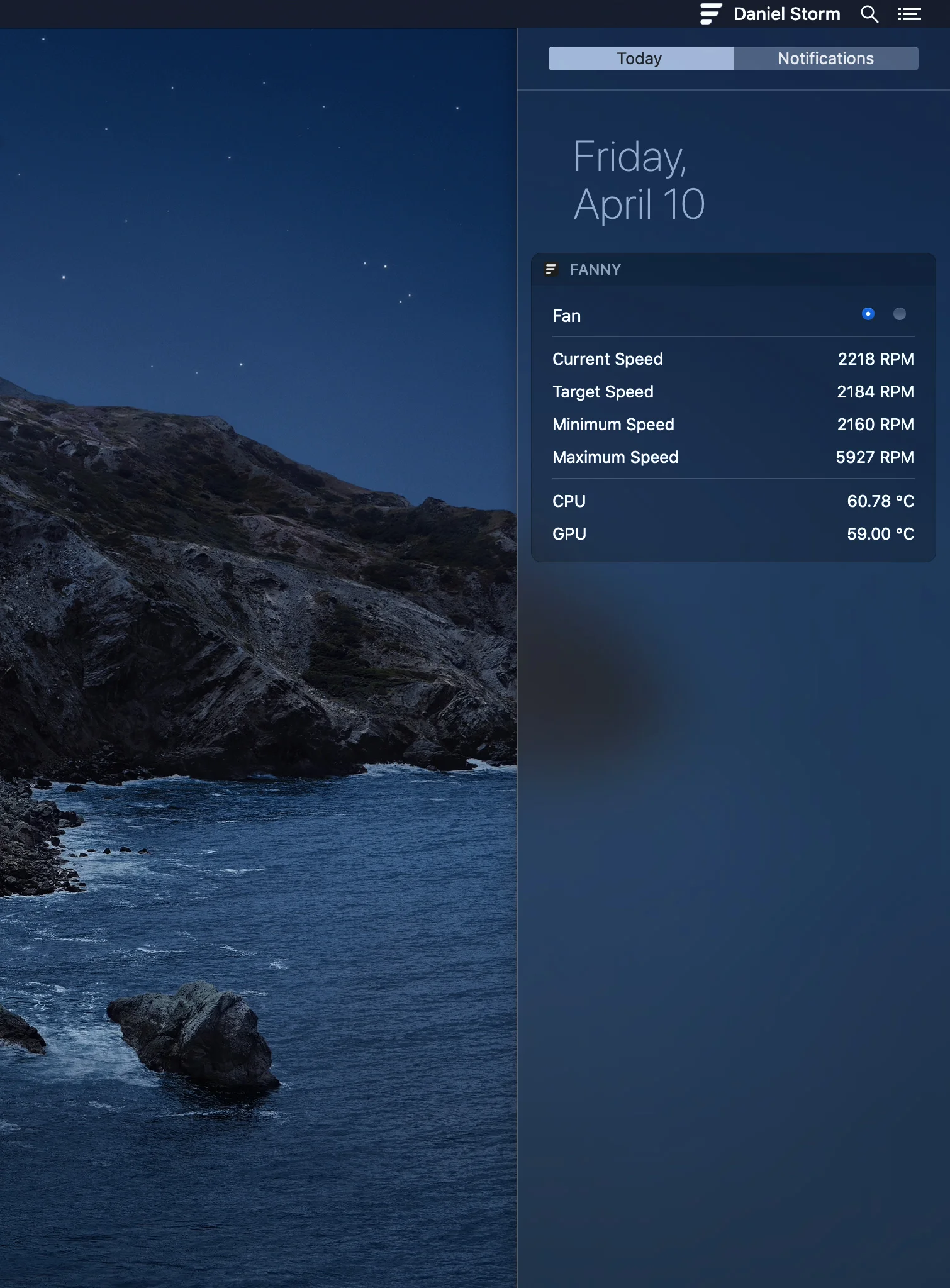 Fanny Widget showing fan speeds, CPU temperature, and GPU temperature in the macOS Notification Center.